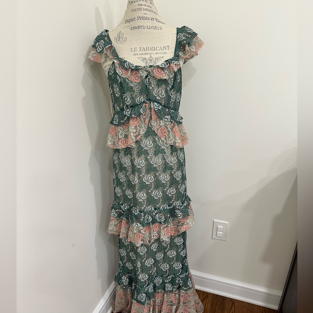 Floral Lace, Mint & Blush Maxi Dress
